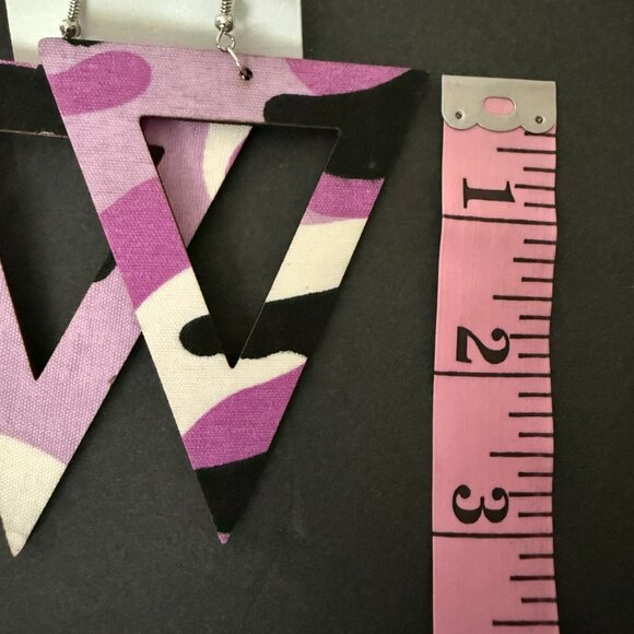 NOC Geometric Purple Camouflage Triangle Wooden Fabric Drop Earrings Lightweight - Picture 3 of 4